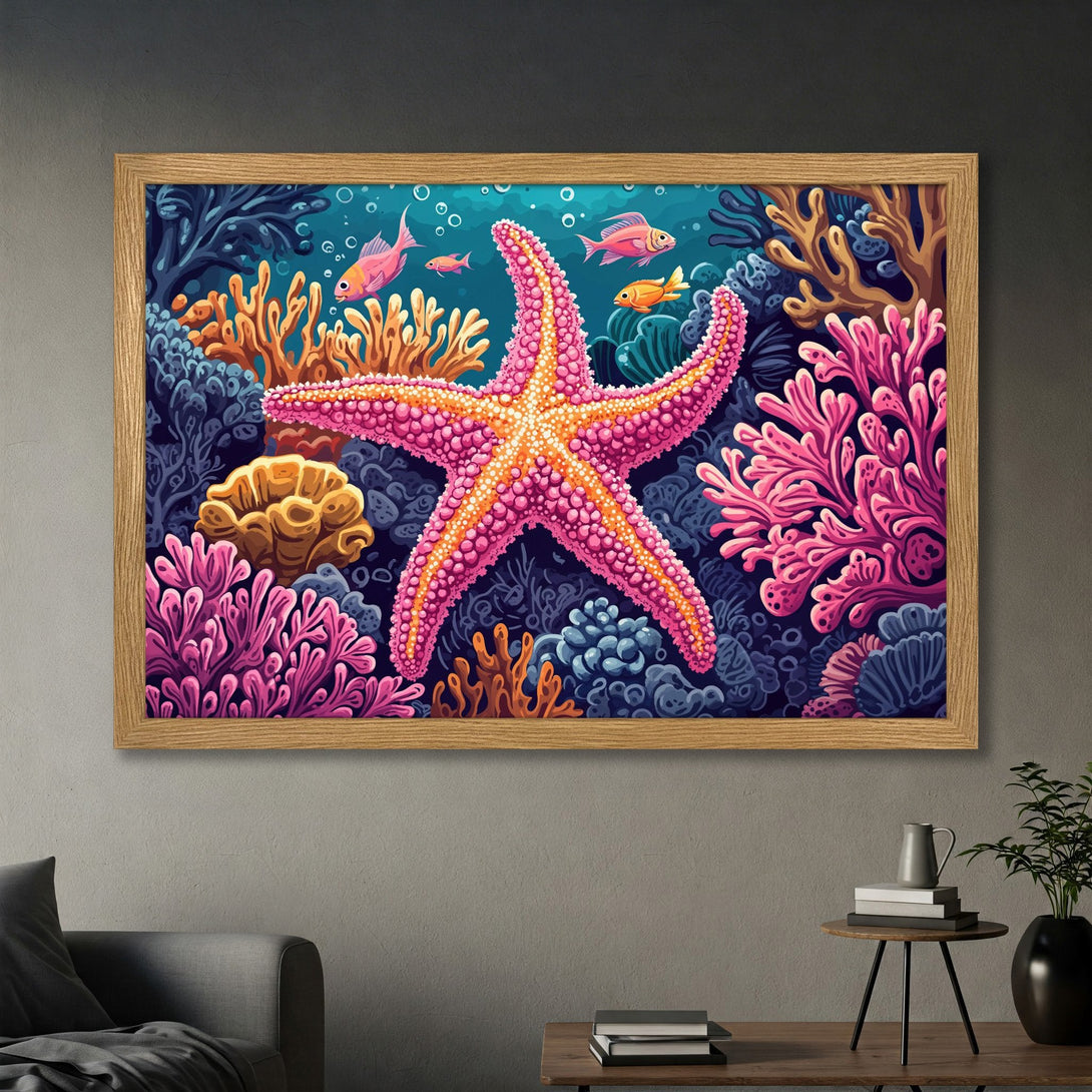 Framed Poster featuring a vibrant underwater scene with a starfish and coral. Colorful, illustrative style with pink, blue, and orange hues.
