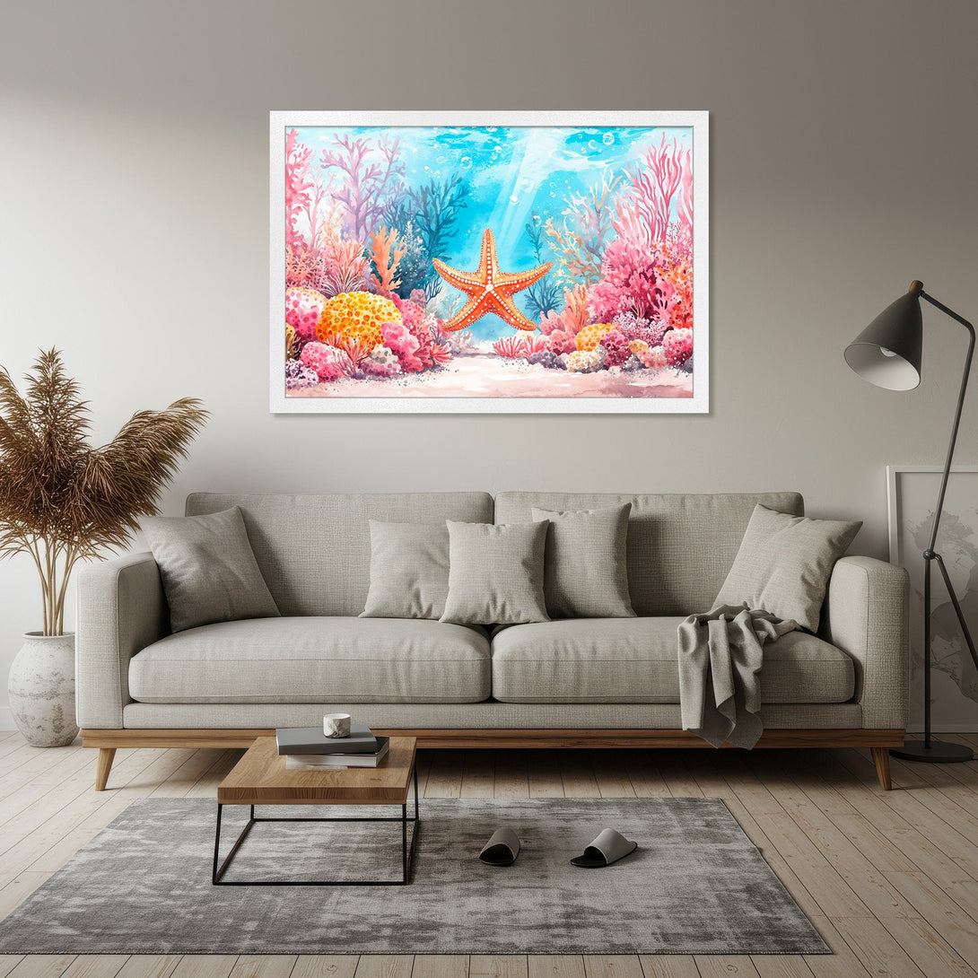 Framed Poster featuring a watercolor starfish and coral reef scene. Vibrant pink, orange, and blue color palette, perfect for coastal decor.