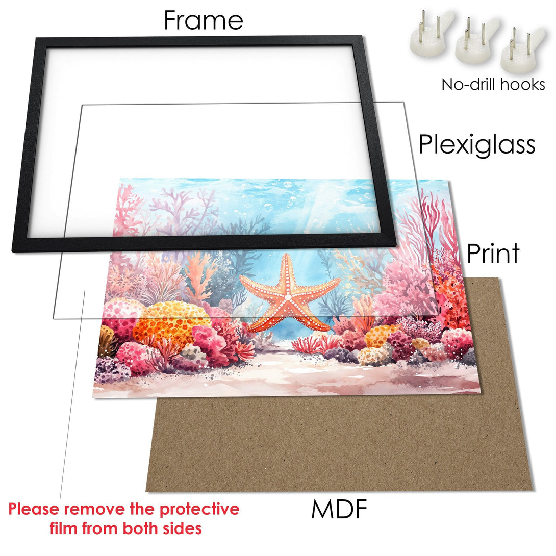 Framed Poster of a vibrant watercolor coral reef scene. Featuring a starfish, with a blue, pink, and orange palette.