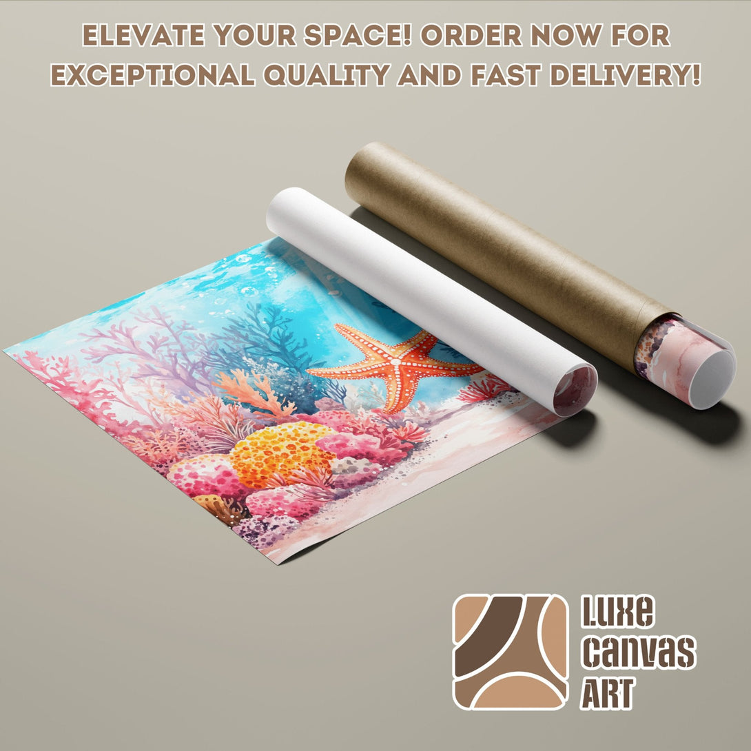 Watercolor Poster Roll featuring vibrant coral reef scene in blue, pink, and orange. Elevate your space!
