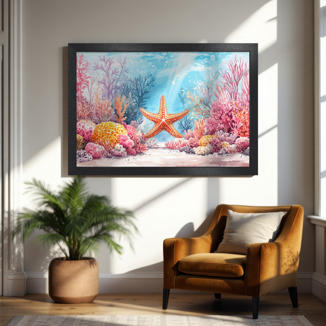 Framed Poster featuring a watercolor starfish and coral reef art. Beautiful shades of blue, pink, and orange. Perfect coastal decor!