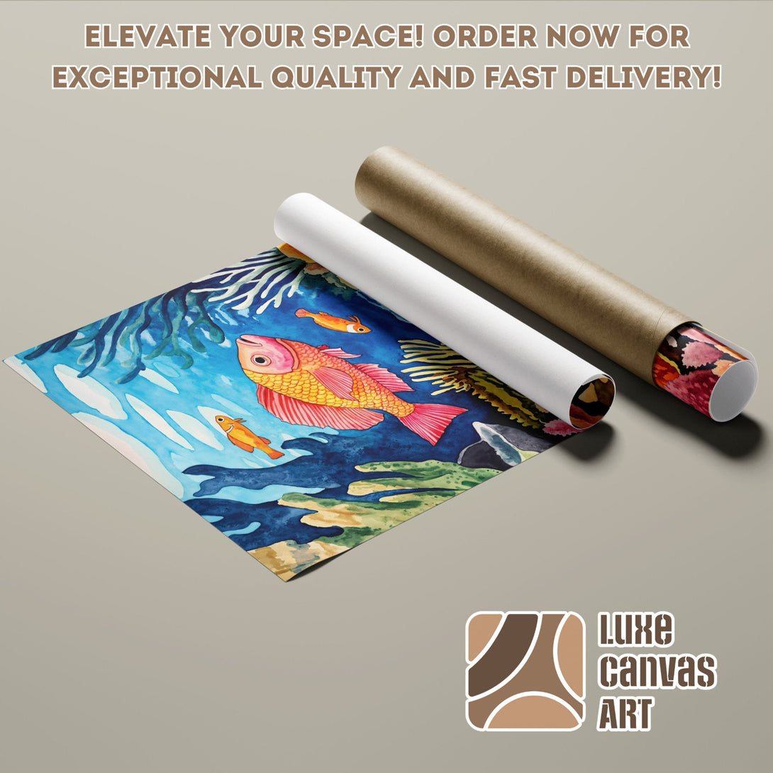 Watercolor fish Poster Roll art with blue, orange, and green hues. Elevate your space with Luxe Canvas Art!