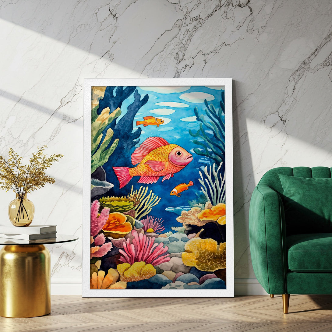 Framed Poster featuring a vibrant watercolor illustration of an underwater scene with coral and fish. Beautiful blues, pinks, and yellows create a calming aesthetic.