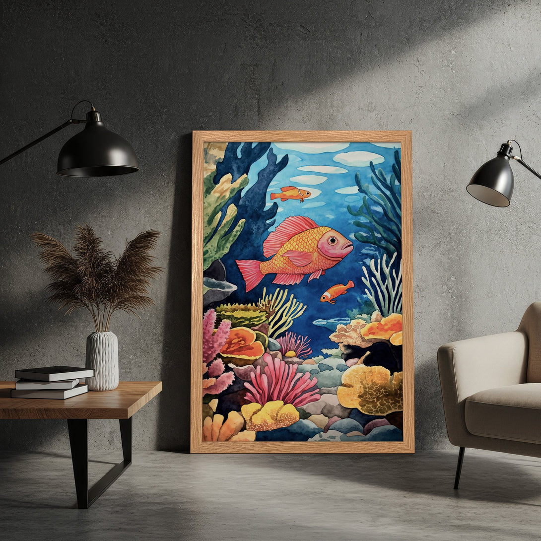 Framed Poster featuring a watercolor illustration of an underwater scene with fish, coral, and a blue and pink color palette. Perfect wall art!