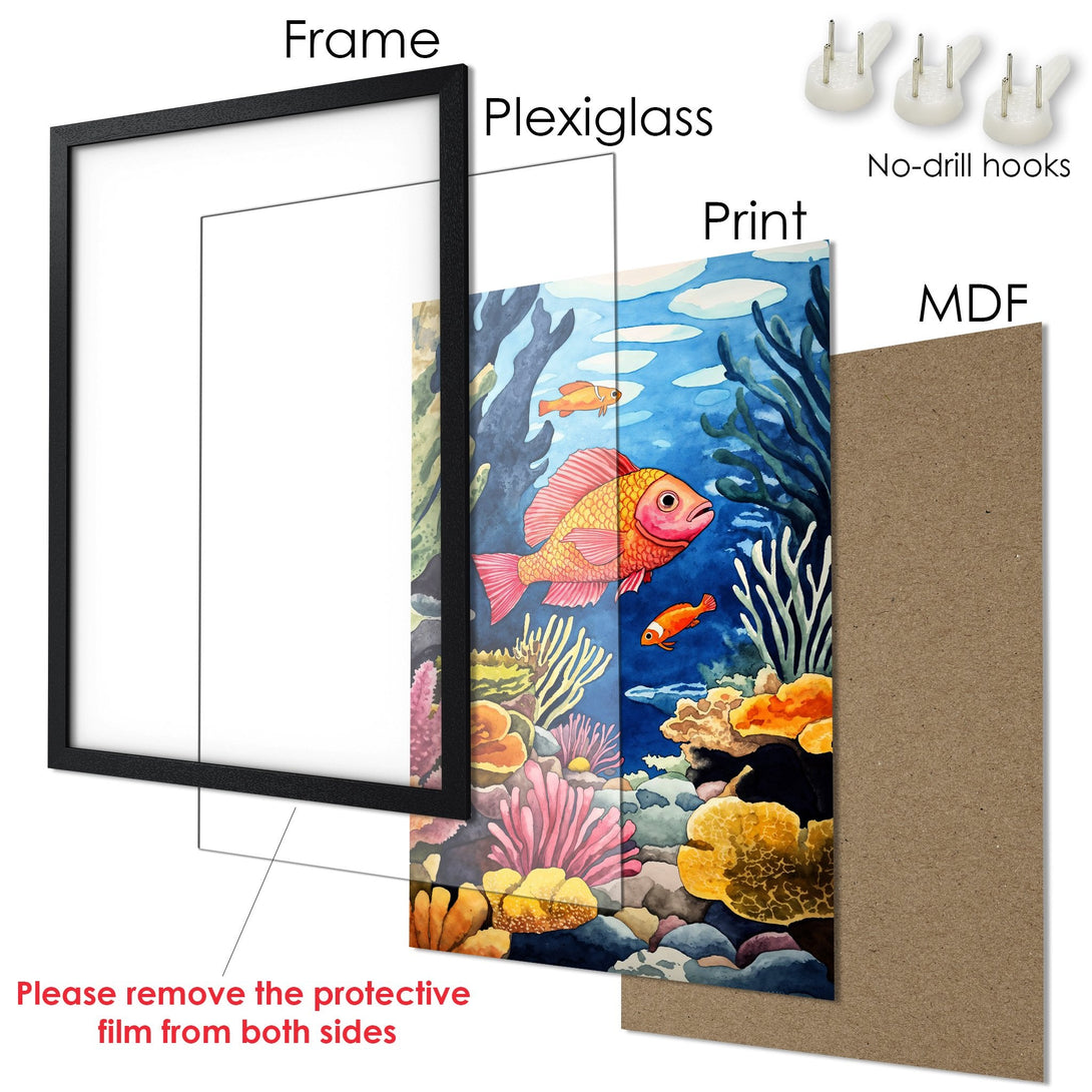 Framed Poster featuring a vibrant watercolor fish art print in a black frame. Colorful underwater scene with blue, orange, and coral hues. Ready to hang!