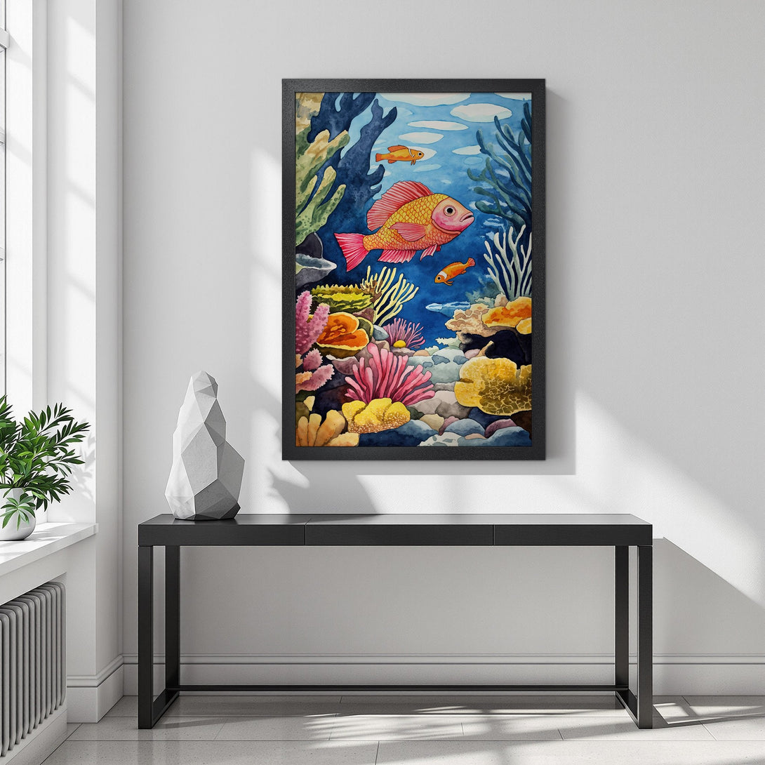 Framed Poster featuring watercolor fish in a vibrant coral reef scene. Beautiful blue, orange, and pink color palette, perfect wall art.