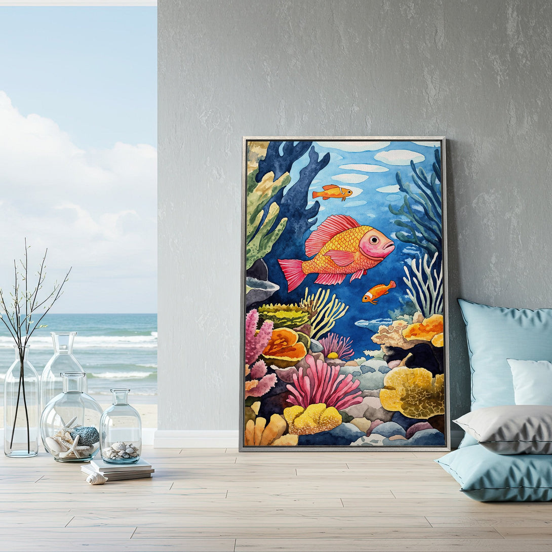 Framed Wall Art featuring a vibrant watercolor fish scene. Coastal-inspired art with a blue, coral, and gold color palette. Perfect for beach house decor.
