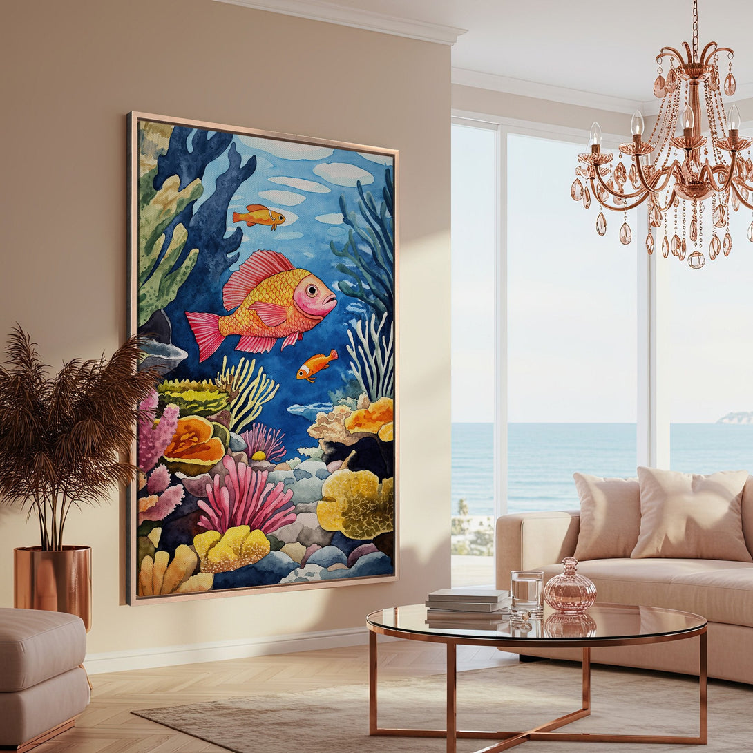 Framed Wall Art: Watercolor fish artwork in a coastal living room. Vibrant blue, pink, and yellow palette. Add a splash of ocean life to your home!