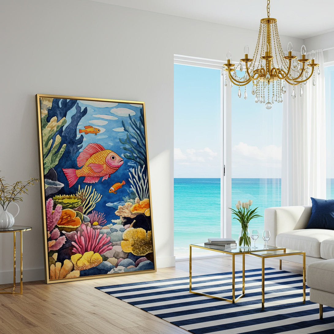 Canvas Print featuring a vibrant watercolor underwater scene with coral and fish. Blue, orange, and pink color palette, perfect for coastal decor.