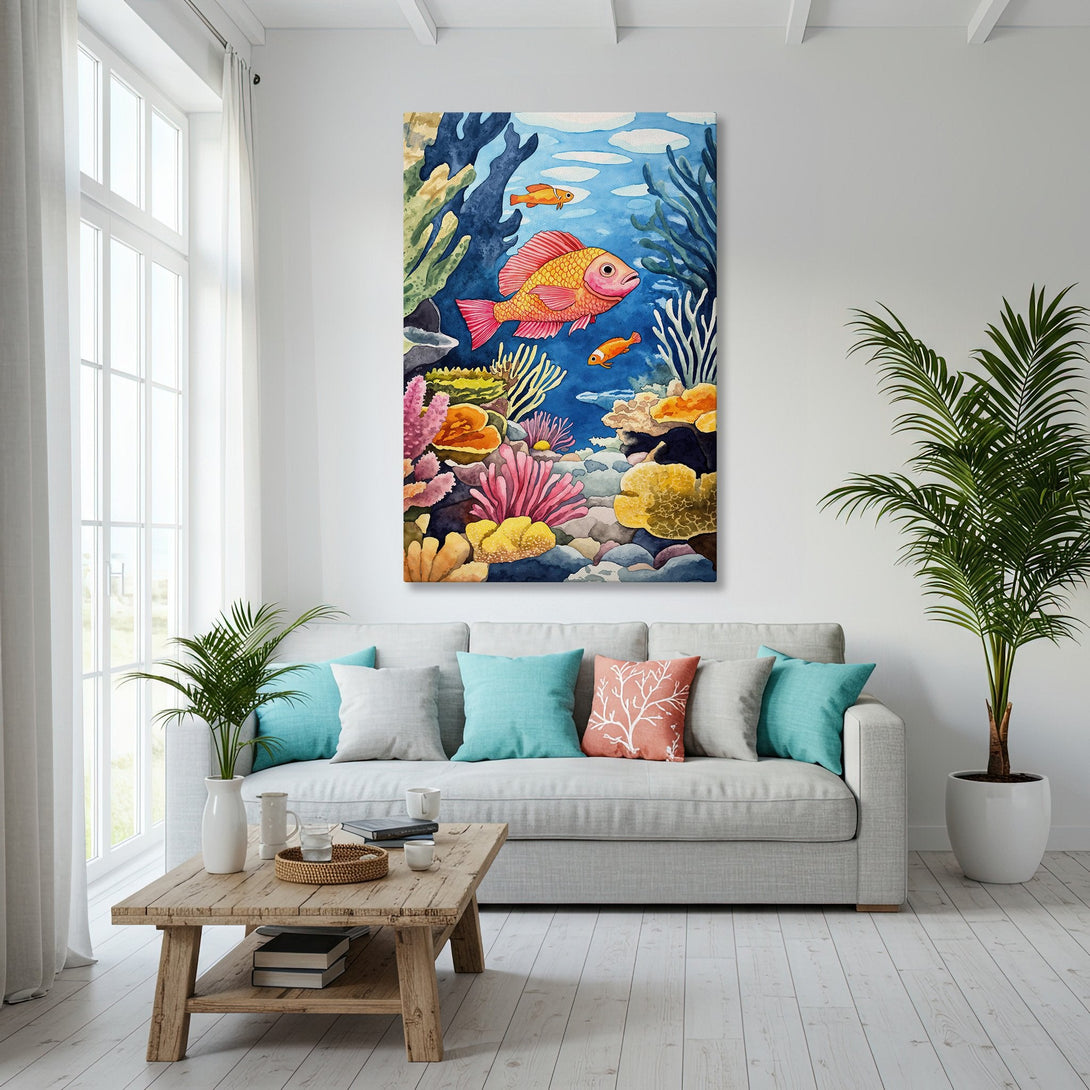 Framed Wall Art featuring a vibrant watercolor coral reef scene with colorful fish. Adds a pop of color to any coastal-themed interior.