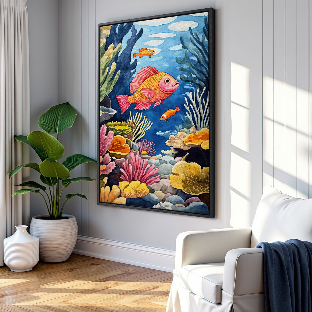 Framed Wall Art: Watercolor fish scene in vibrant blues, corals, and yellows. Perfect for coastal decor! Add a splash of color to your home.
