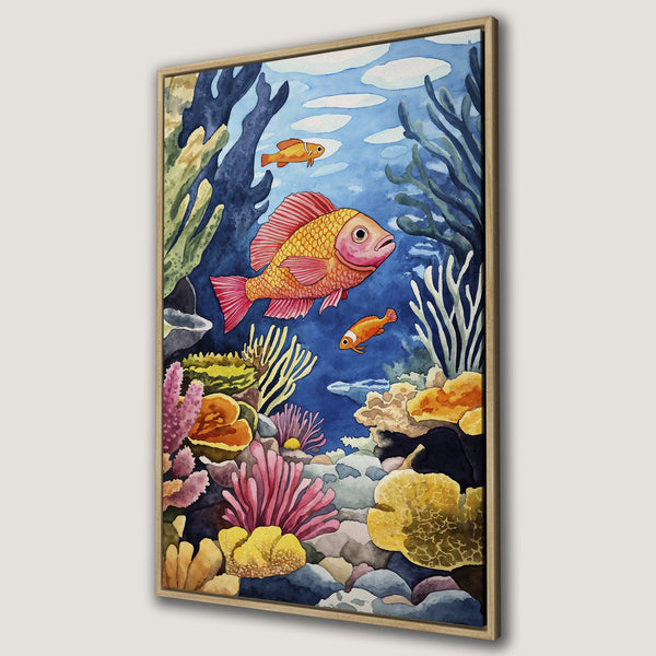 Framed Wall Art: Watercolor painting of vibrant coral reef & fish. Blue, yellow, pink, and orange hues create a captivating underwater scene for home decor.