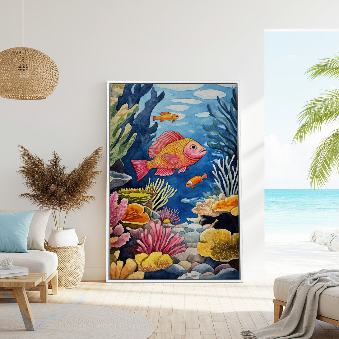 Framed Wall Art: Watercolor fish and coral reef scene in vibrant blues, pinks, and yellows. Coastal decor for a serene and stylish home.