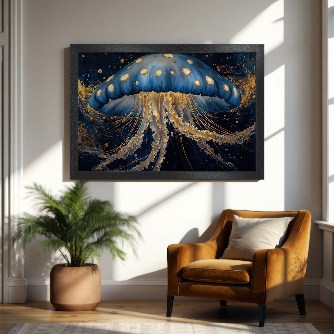 Framed Poster featuring a stunning jellyfish art print in blue and gold hues. Perfect wall decor for a stylish home!