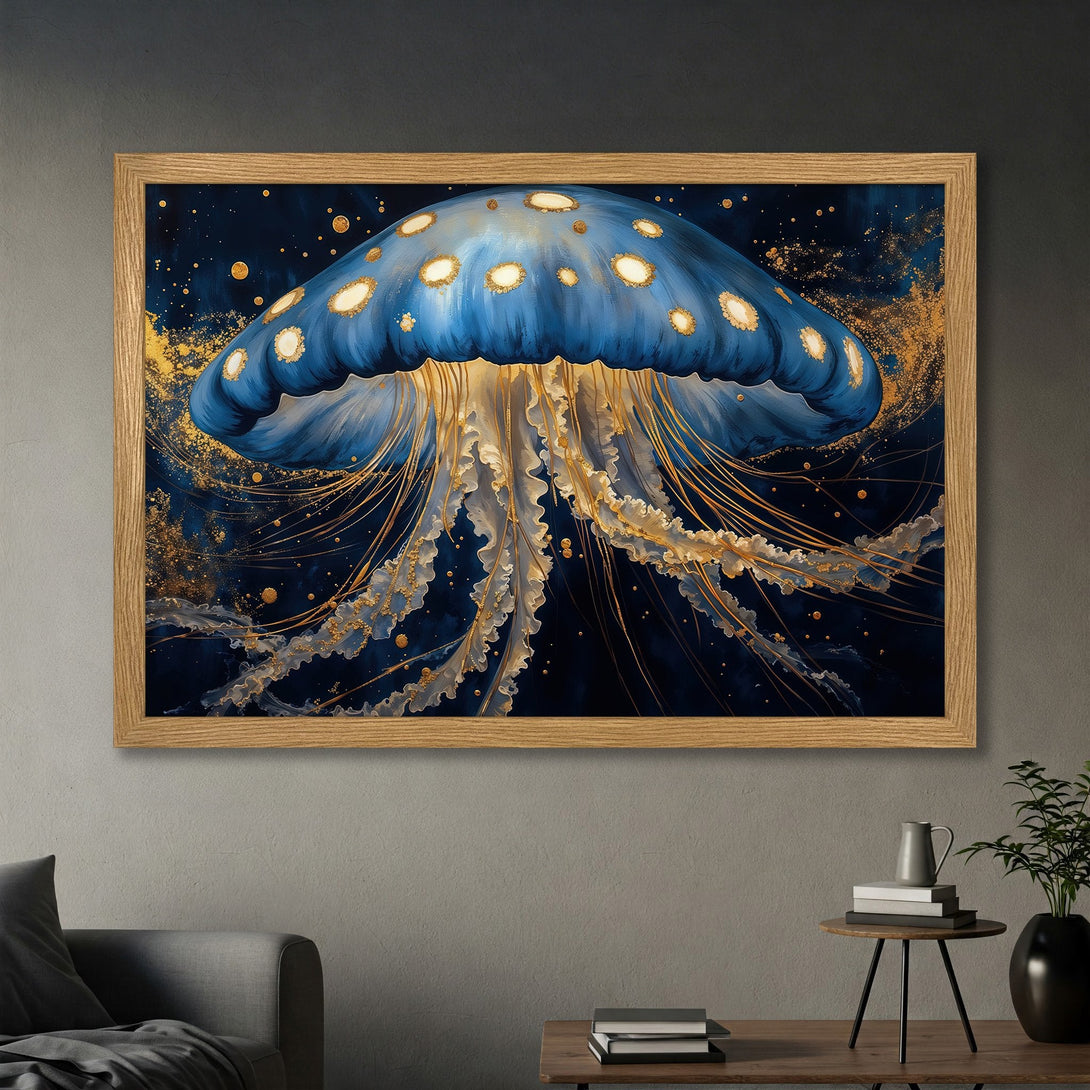 Framed Poster featuring a stunning blue and gold jellyfish art print. Perfect for adding an elegant touch to your decor.