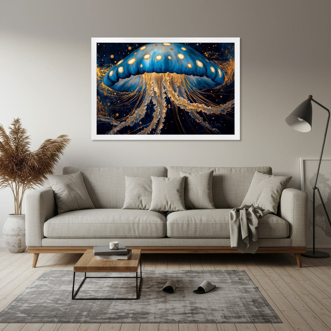 Framed Poster featuring a stunning blue jellyfish art print. Modern style with a dark blue and gold color palette. Elevate your space with this unique artwork.