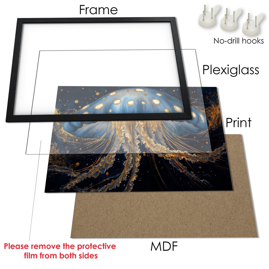 Framed Poster featuring a jellyfish illustration in a blue and gold color palette. Modern art for your home!