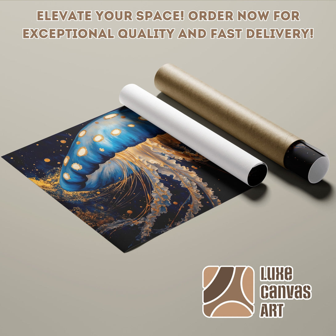 Poster Roll featuring a blue jellyfish art print, with gold accents, on a dark blue background.