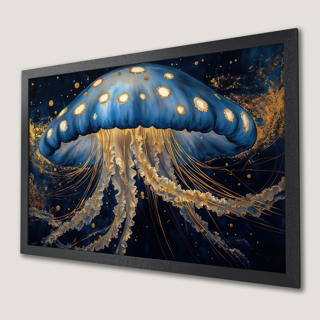 Framed Poster featuring a stunning blue and gold jellyfish art print. Elegant abstract style with a dark, luxurious color palette. Perfect wall decor.