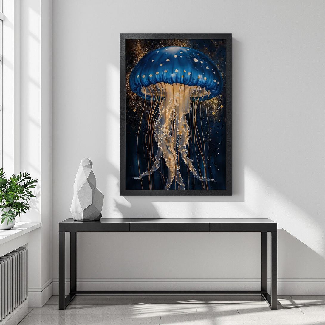 Framed Poster featuring a vibrant jellyfish illustration in blue, gold, and cream tones, perfect for adding art to your home.
