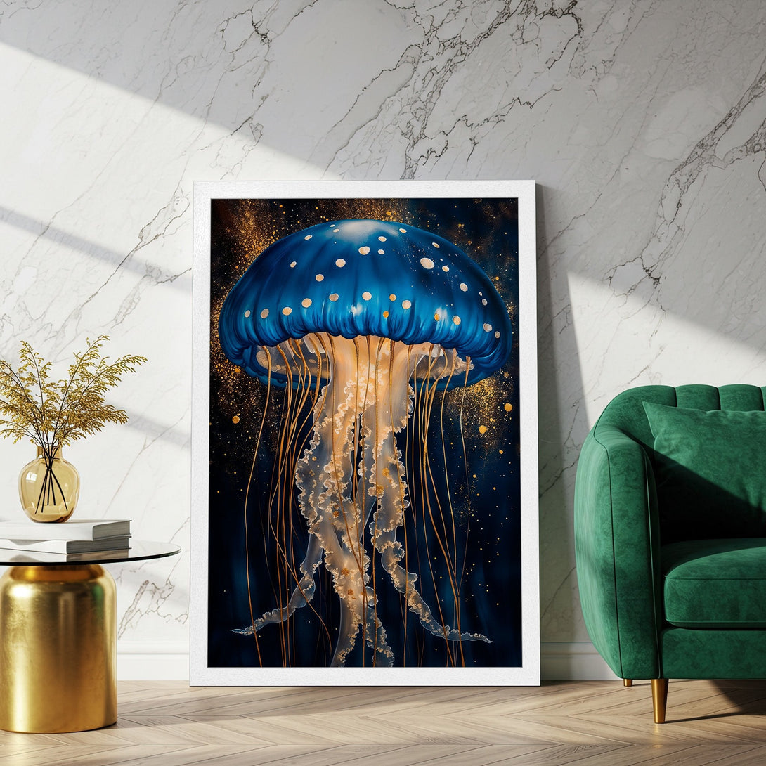 Framed Poster featuring a vibrant jellyfish illustration in blue, gold, and navy. Modern art style, perfect for home decor.