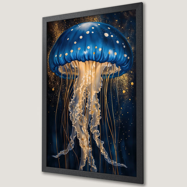 Framed Poster featuring a blue jellyfish in a dark, dreamy style with gold accents. Perfect wall art!