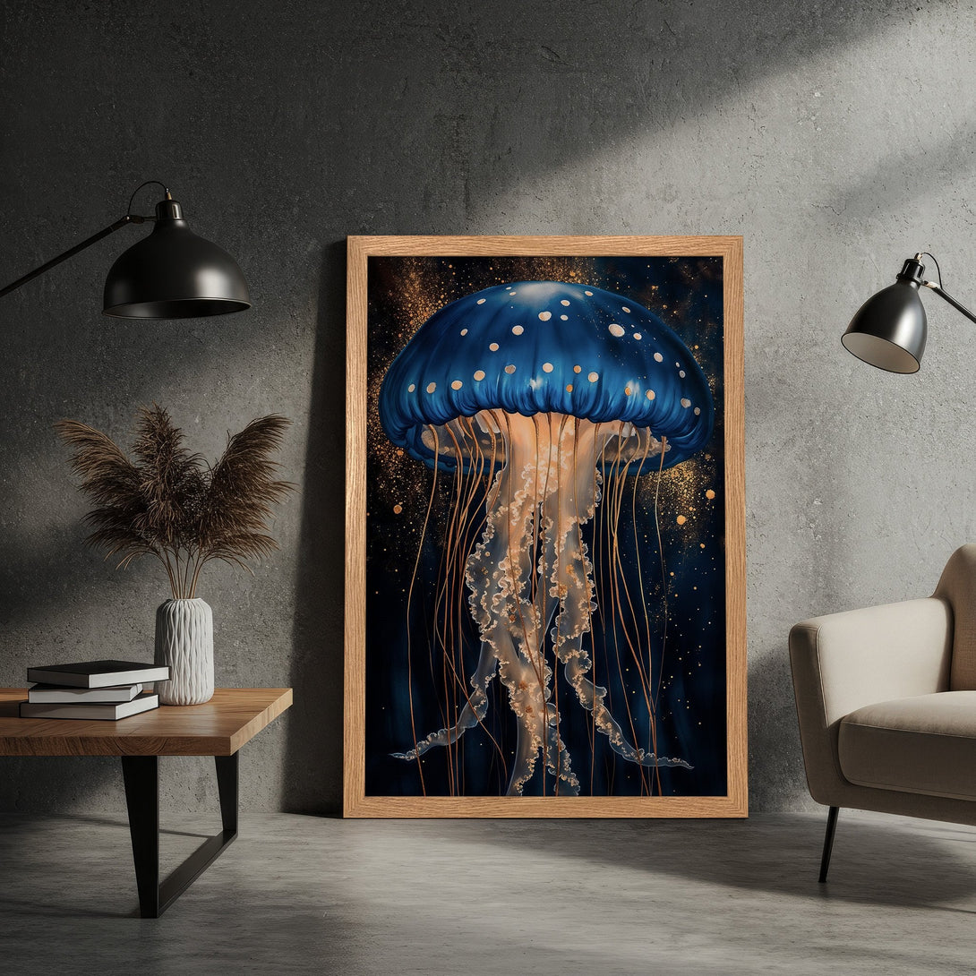 Framed Poster featuring a stunning jellyfish illustration in blue and gold tones. Add a touch of oceanic art to your space!