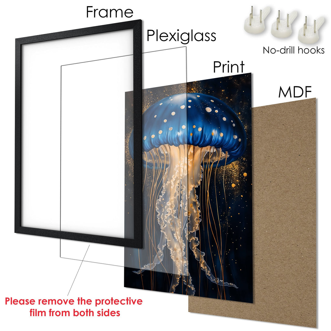 Framed Poster featuring a blue jellyfish art print with gold accents, a dark blue and gold color palette. Ready to hang!