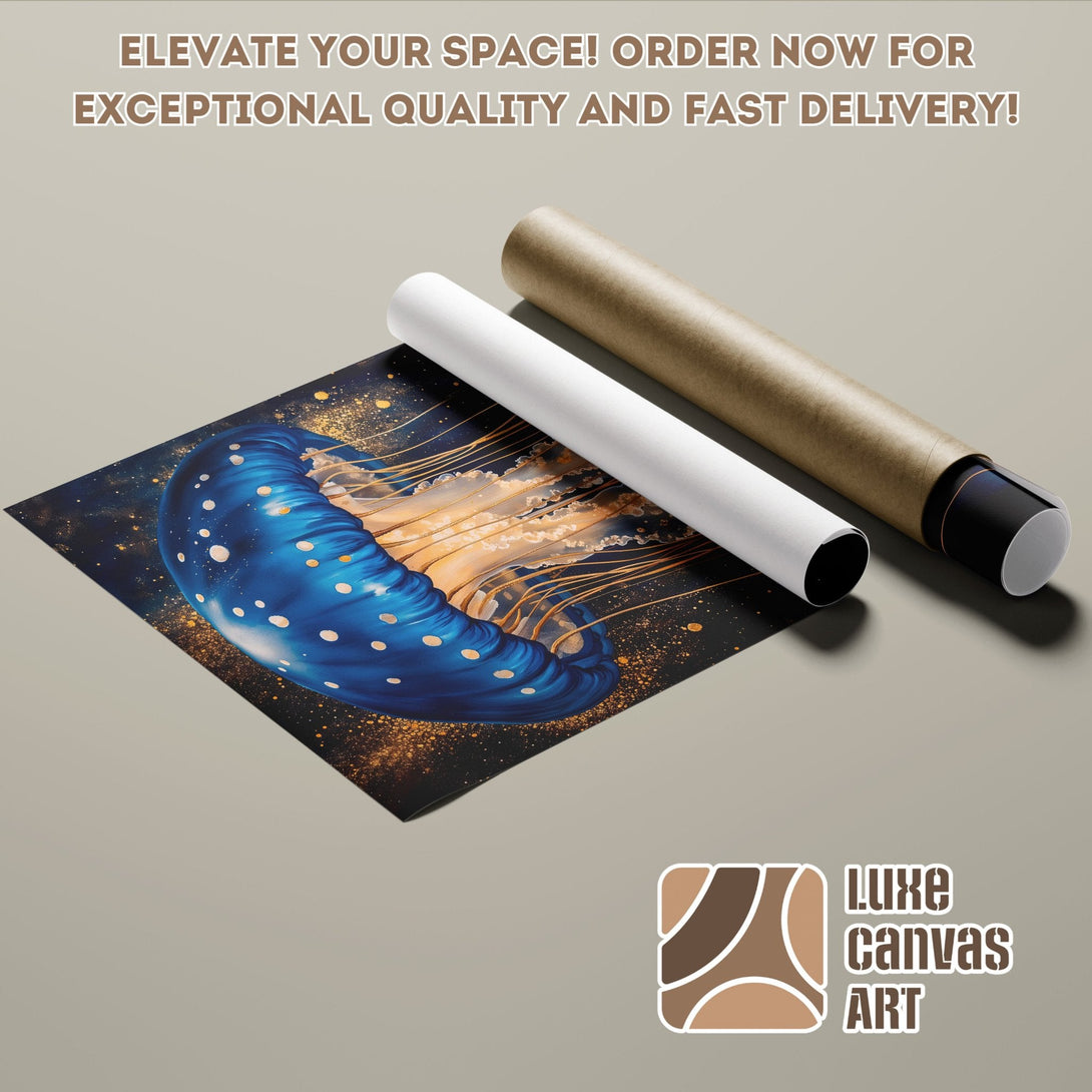 Poster Roll featuring a blue jellyfish art print with gold accents. Modern style, dark blue & gold palette.