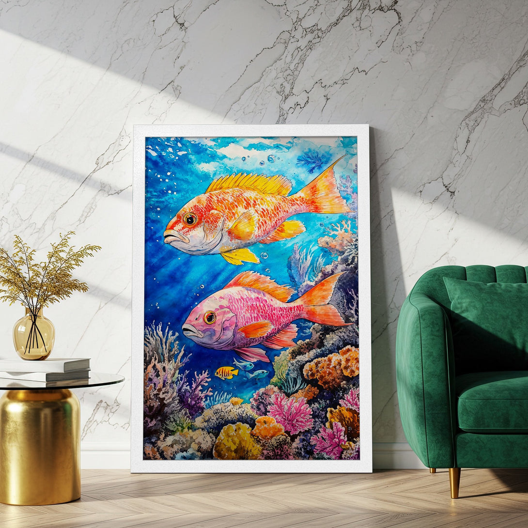 Framed Poster featuring watercolor fish art. Vibrant ocean scene with blue, orange, and pink hues. Perfect for coastal decor!