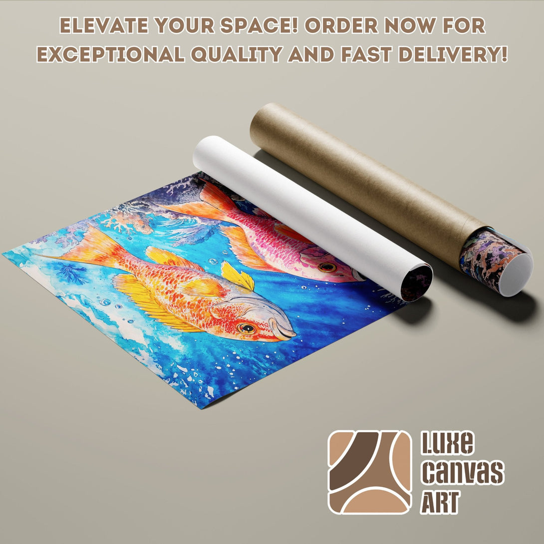 Poster Roll featuring vibrant fish artwork in watercolor style, blue and orange palette.