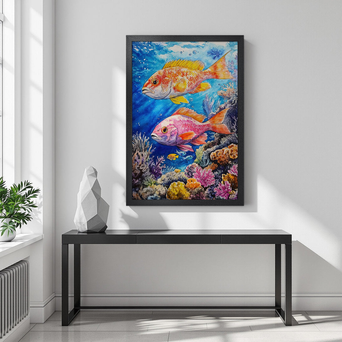 Framed Poster featuring vibrant watercolor fish in blue, orange, and pink hues. Add a splash of ocean art to your home!