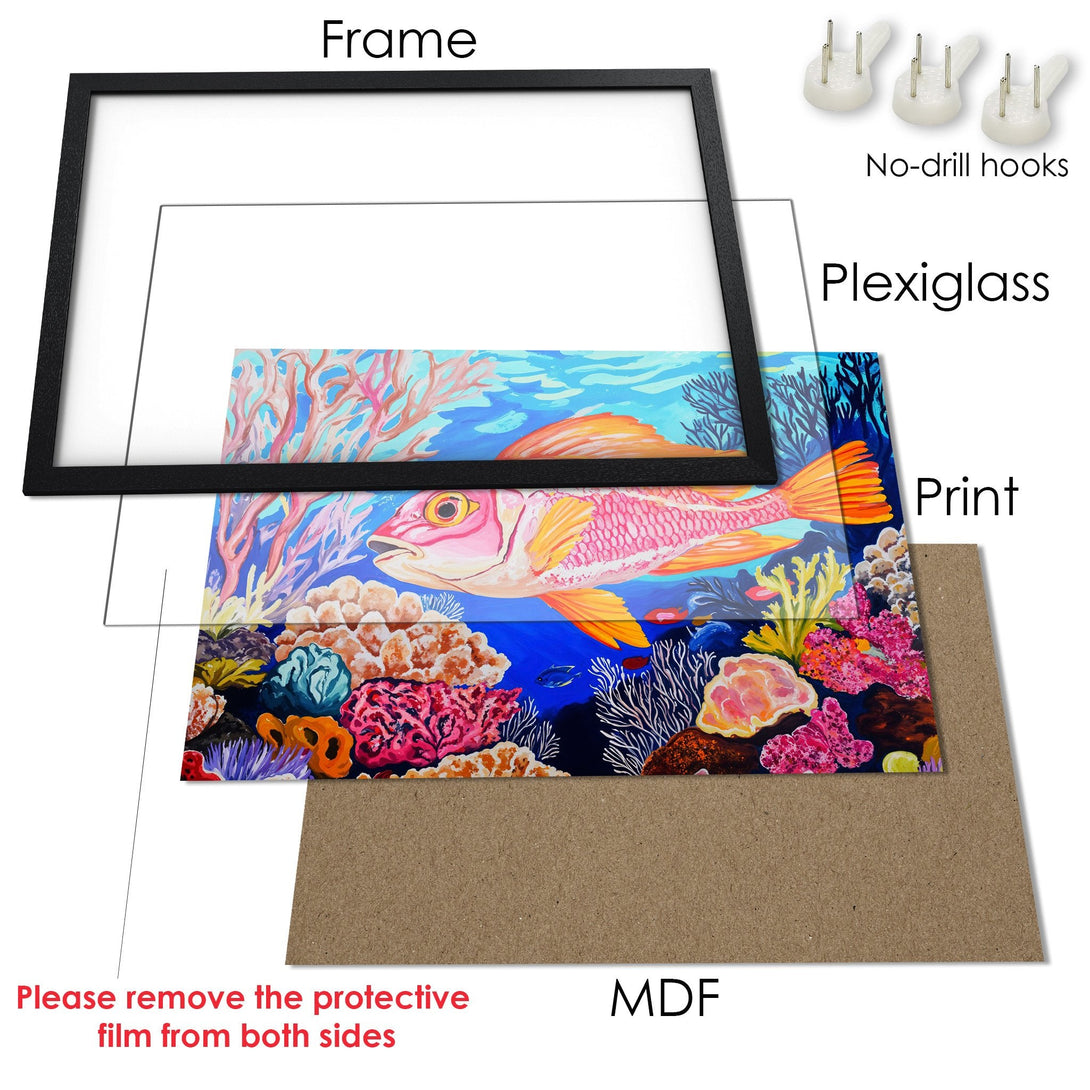 Framed Poster featuring a vibrant coral reef scene. Colorful artwork with a blue, pink, and orange palette. Perfect wall art for your home!