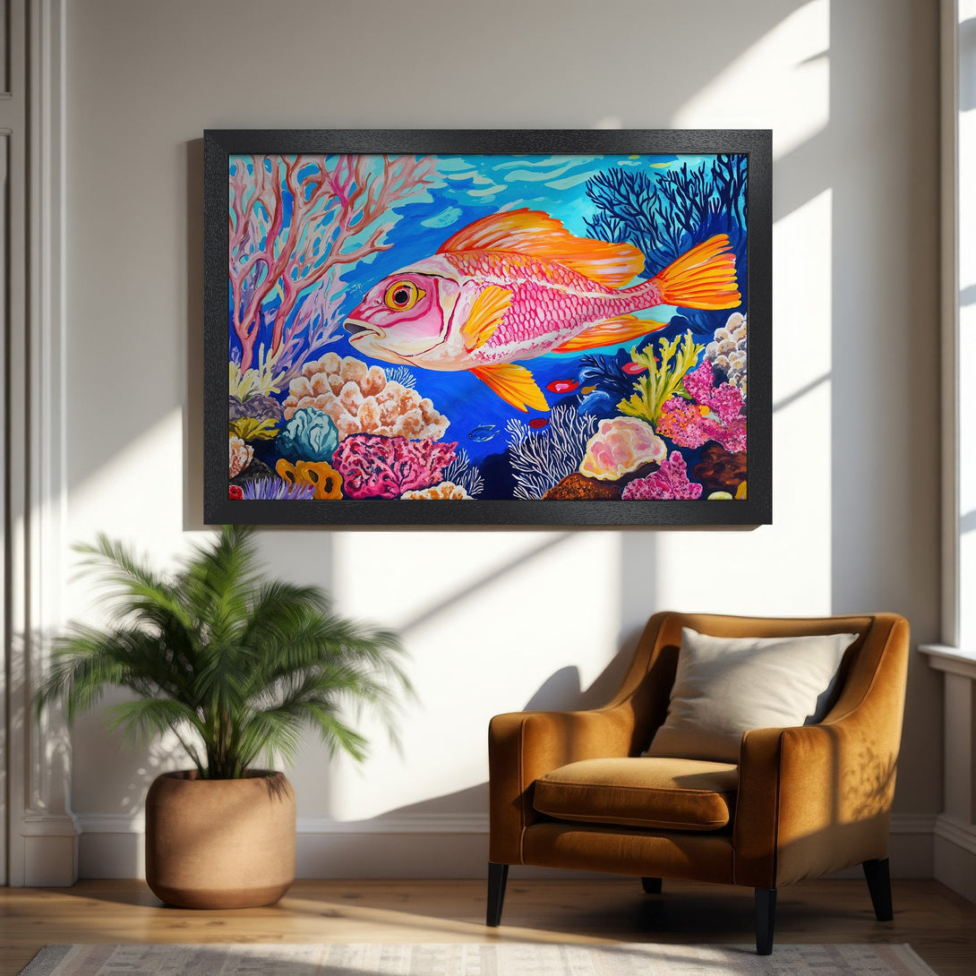 Framed Poster featuring vibrant coral reef and fish artwork. Bold brushstrokes and a colorful palette add a pop of art to any space.