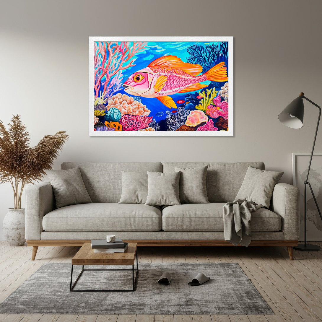 Framed Poster featuring a vibrant coral reef scene with a colorful fish, in a bright, artistic style. Bold blues, pinks, and oranges.