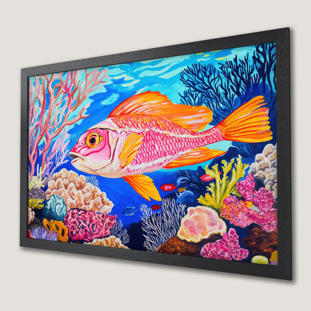 Framed Poster featuring a vibrant coral reef scene with a colorful fish. Bold, painterly style with a blue, pink, and orange color palette. Perfect wall art!