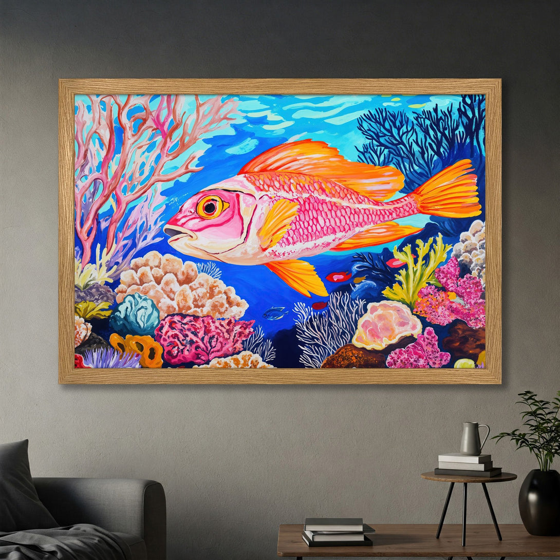 Framed Poster featuring a vibrant fish in a colorful coral reef. Bold, artistic style with a blue, pink, and orange palette. Perfect wall art!