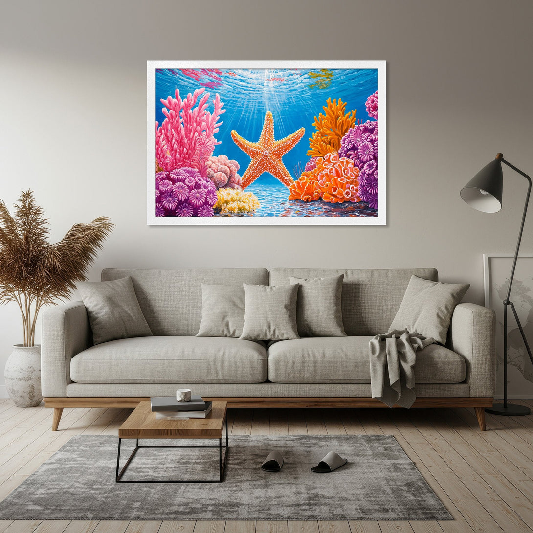 Framed Poster featuring a vibrant underwater scene with a starfish, coral, and a blue and pink color palette. Perfect wall art!