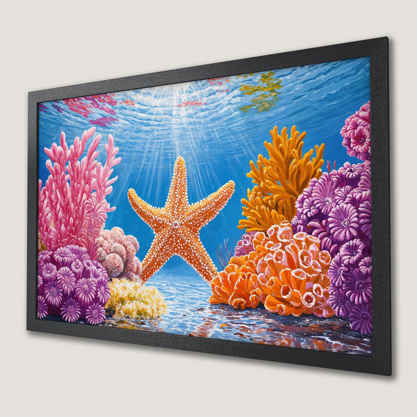 Framed Poster of a vibrant underwater scene with a starfish, corals, and a colorful palette of blues, oranges, and purples.
