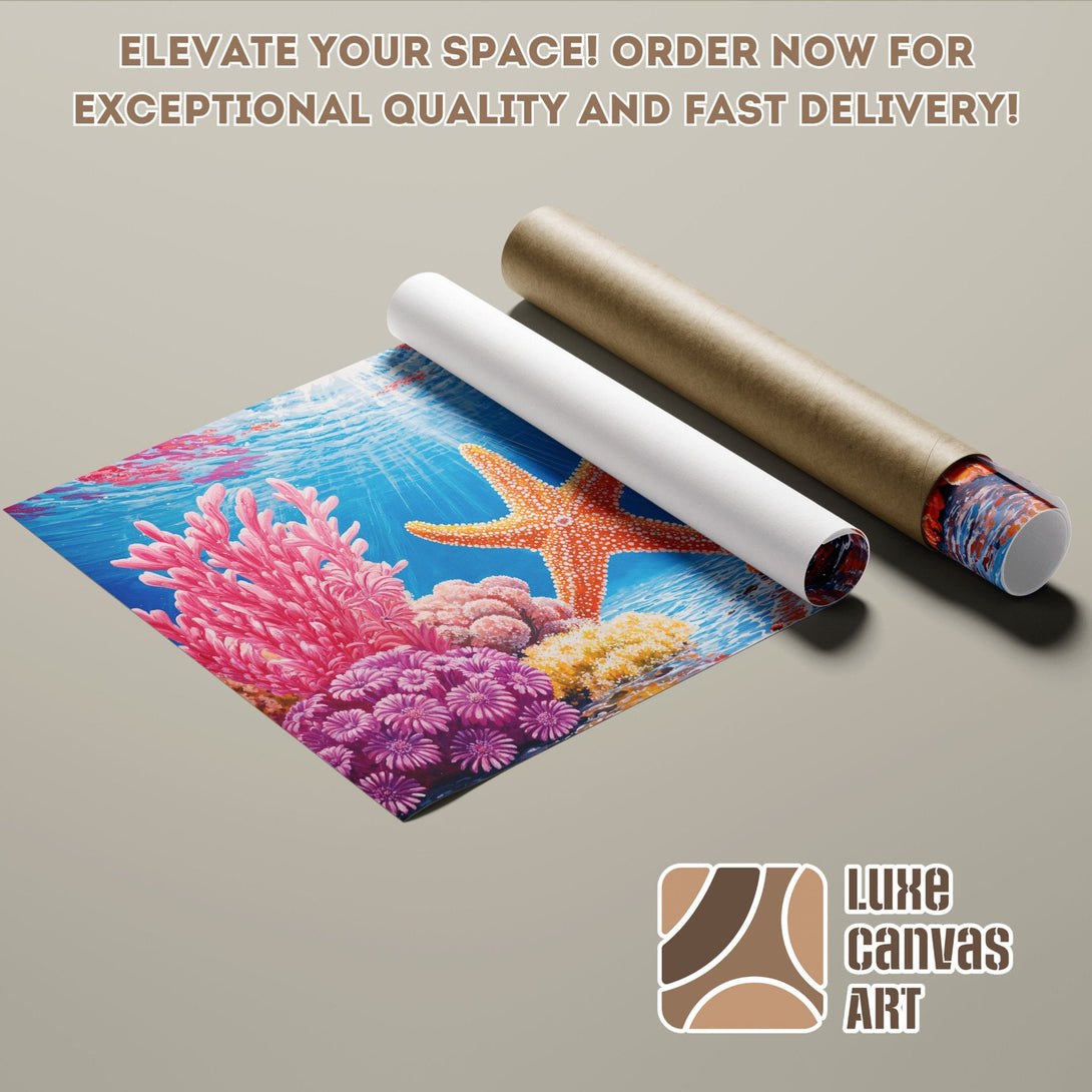 Vibrant coral reef Poster Roll art print. Blue, pink, and orange color palette. Elevate your space!
