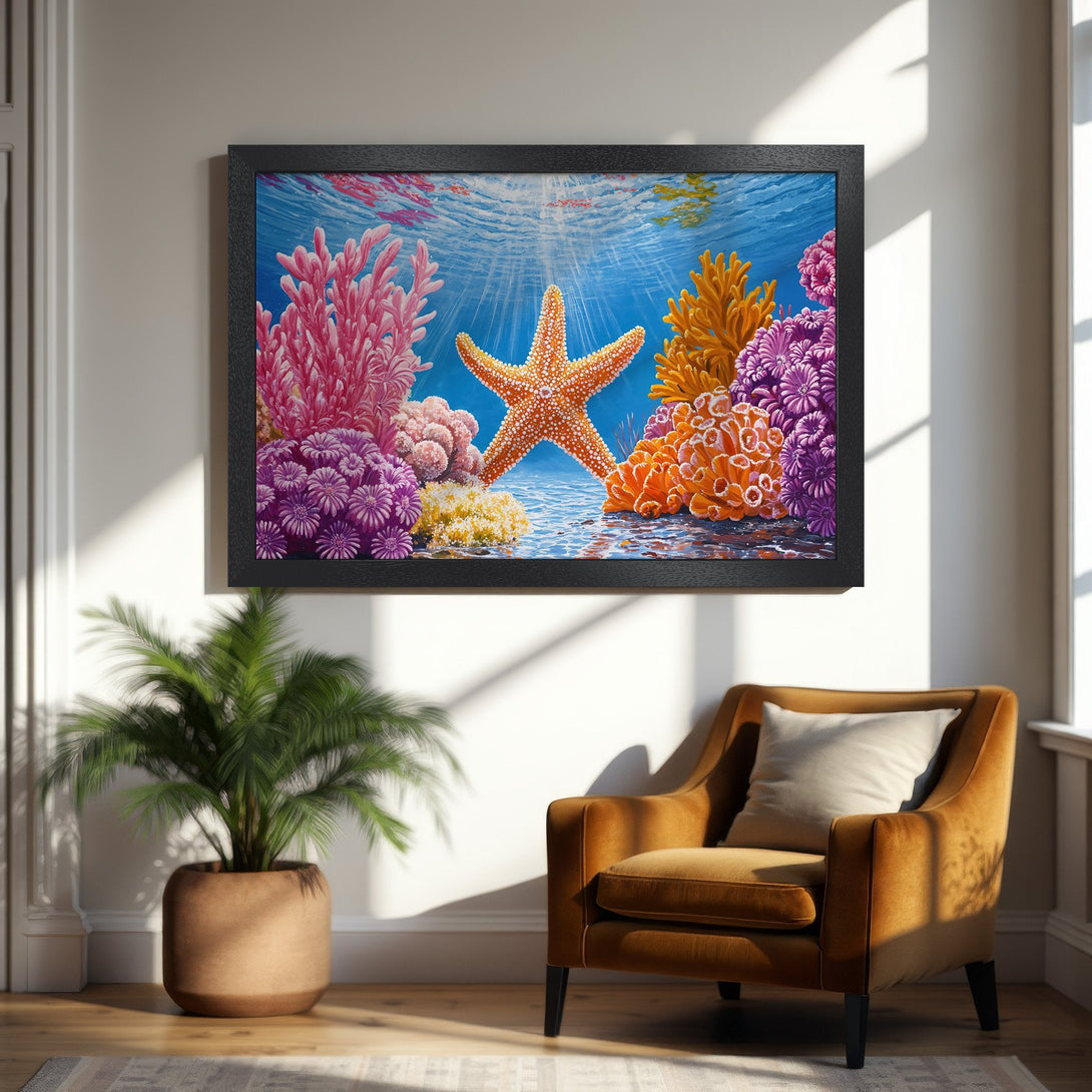 Framed Poster featuring vibrant coral reef art with a starfish, in a colorful palette. Perfect for coastal decor.