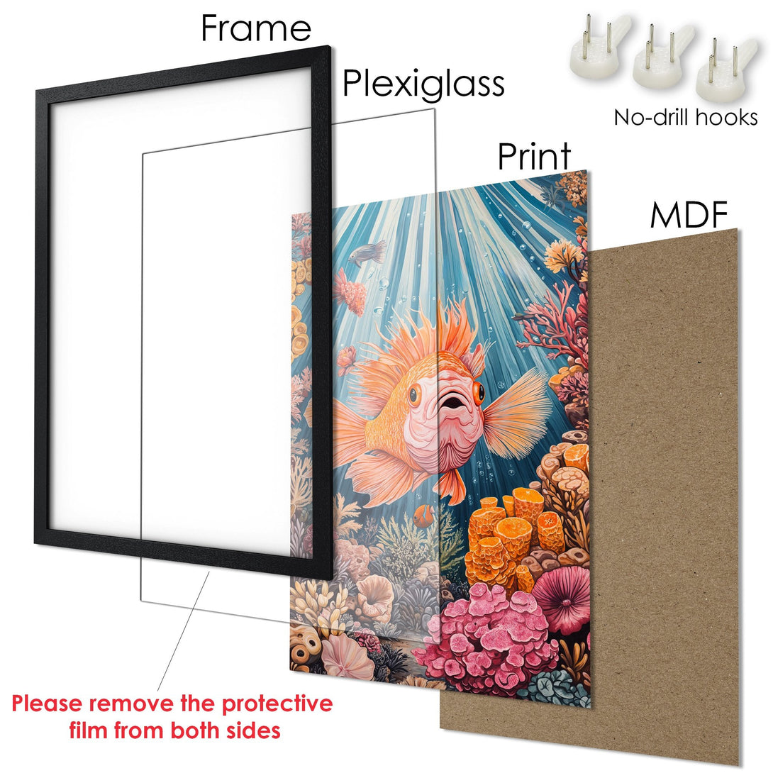 Framed Poster featuring a vibrant coral reef scene with an orange fish. Artistic style with blue, orange, and pink color palette. Perfect wall art!