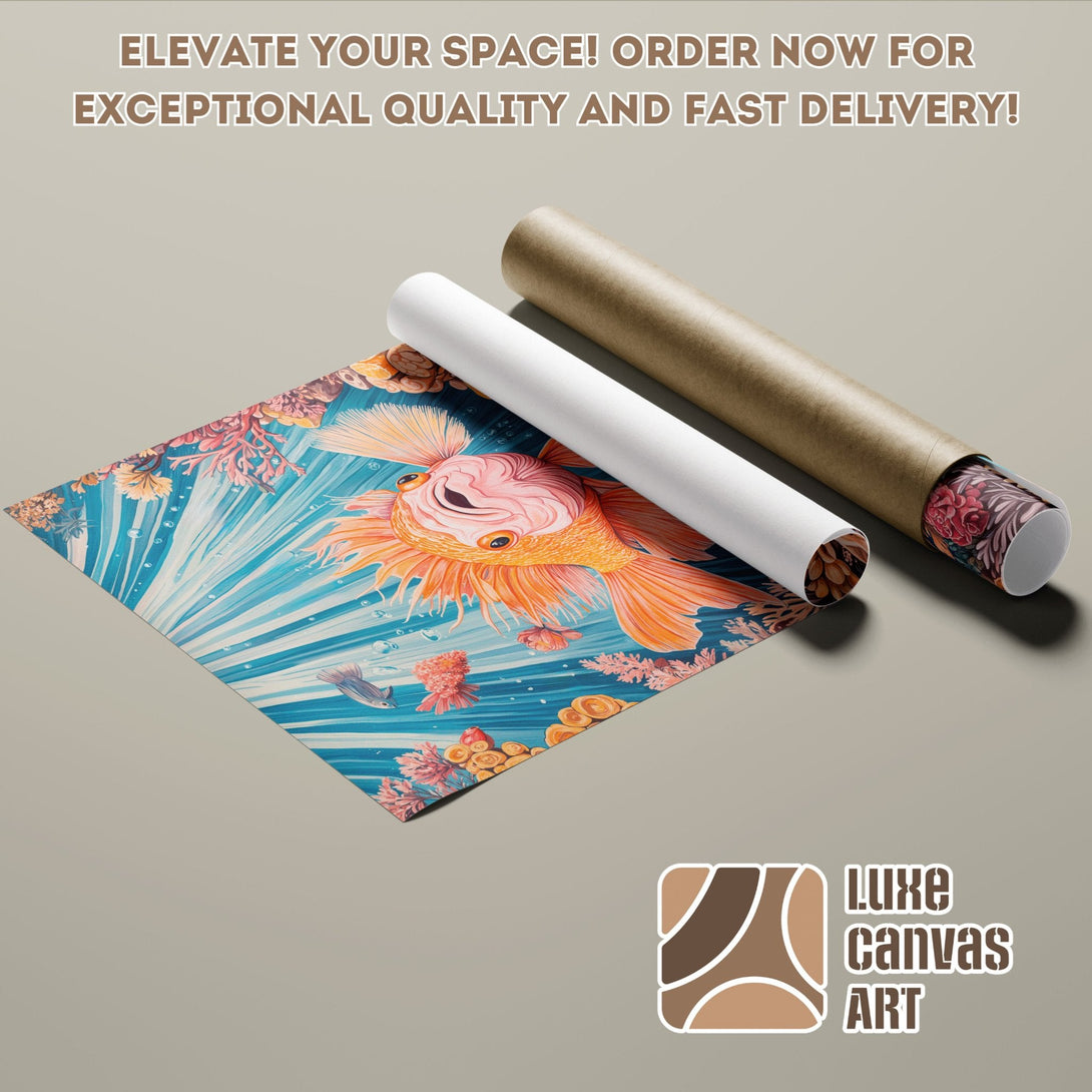 Poster Roll featuring a vibrant goldfish illustration in a blue and orange color palette. Elevate your space!