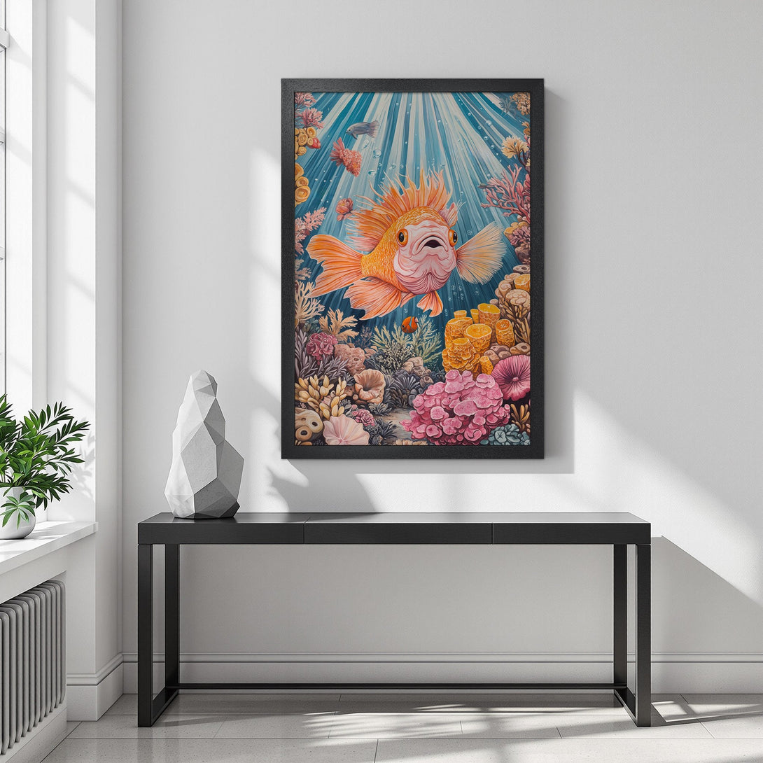 Framed Poster featuring a vibrant goldfish underwater scene. Whimsical style with a blue, orange, and pink color palette. Perfect wall art!
