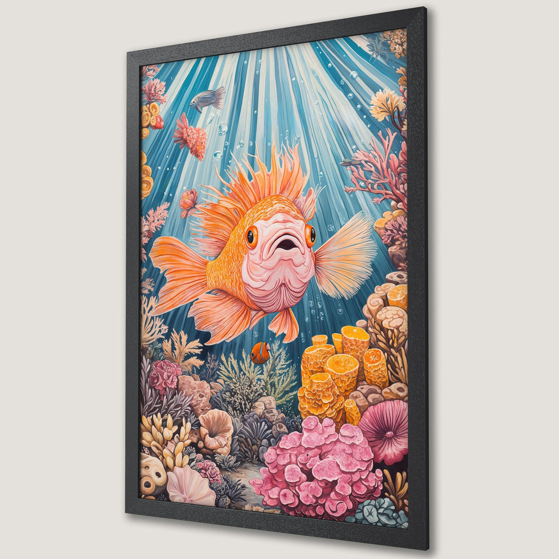 Framed Poster featuring a whimsical goldfish in an underwater scene with vibrant coral and a blue and orange color palette. Perfect wall art!