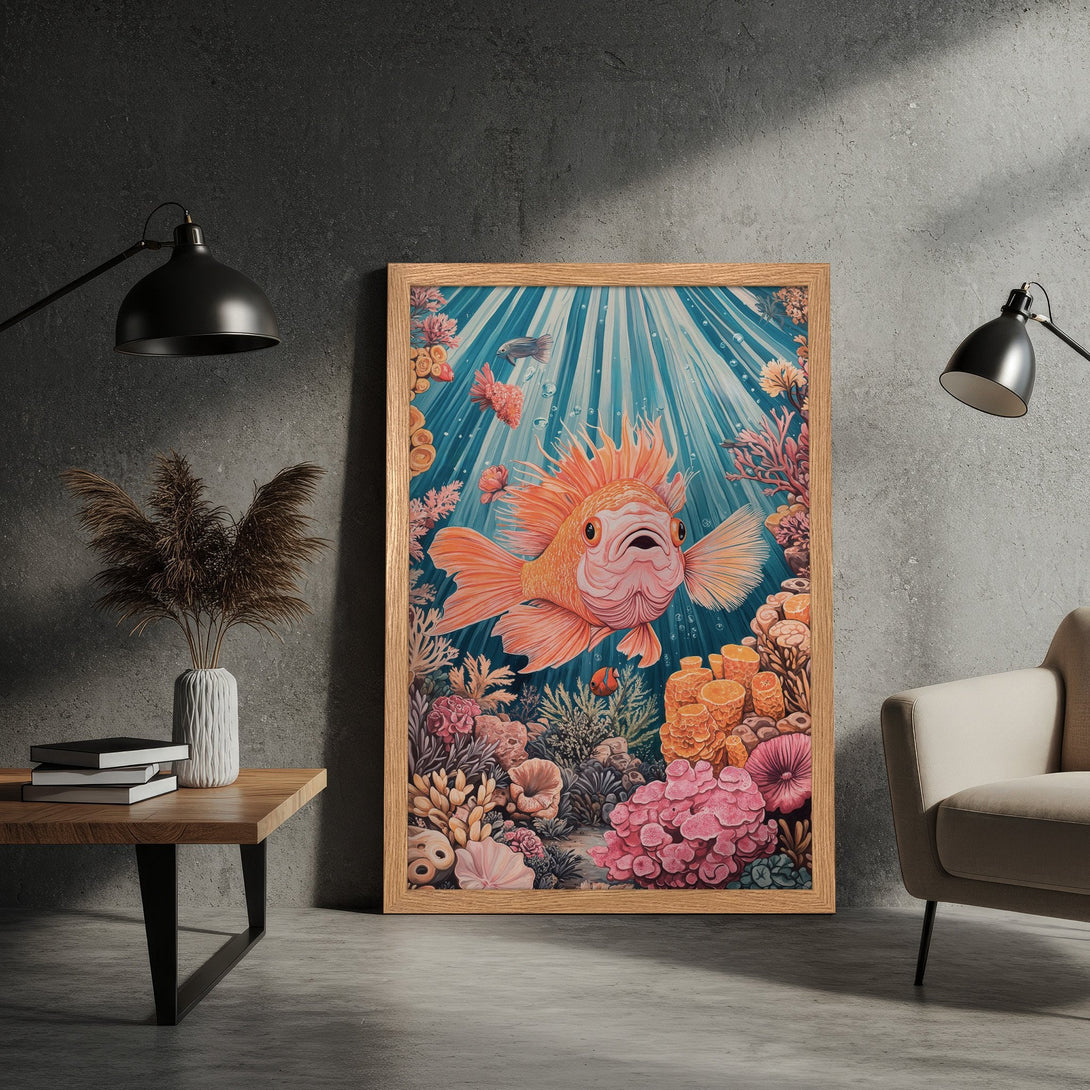 Framed Poster featuring a vibrant coral reef scene with a goldfish, in a whimsical style, with a blue, orange, and pink color palette.