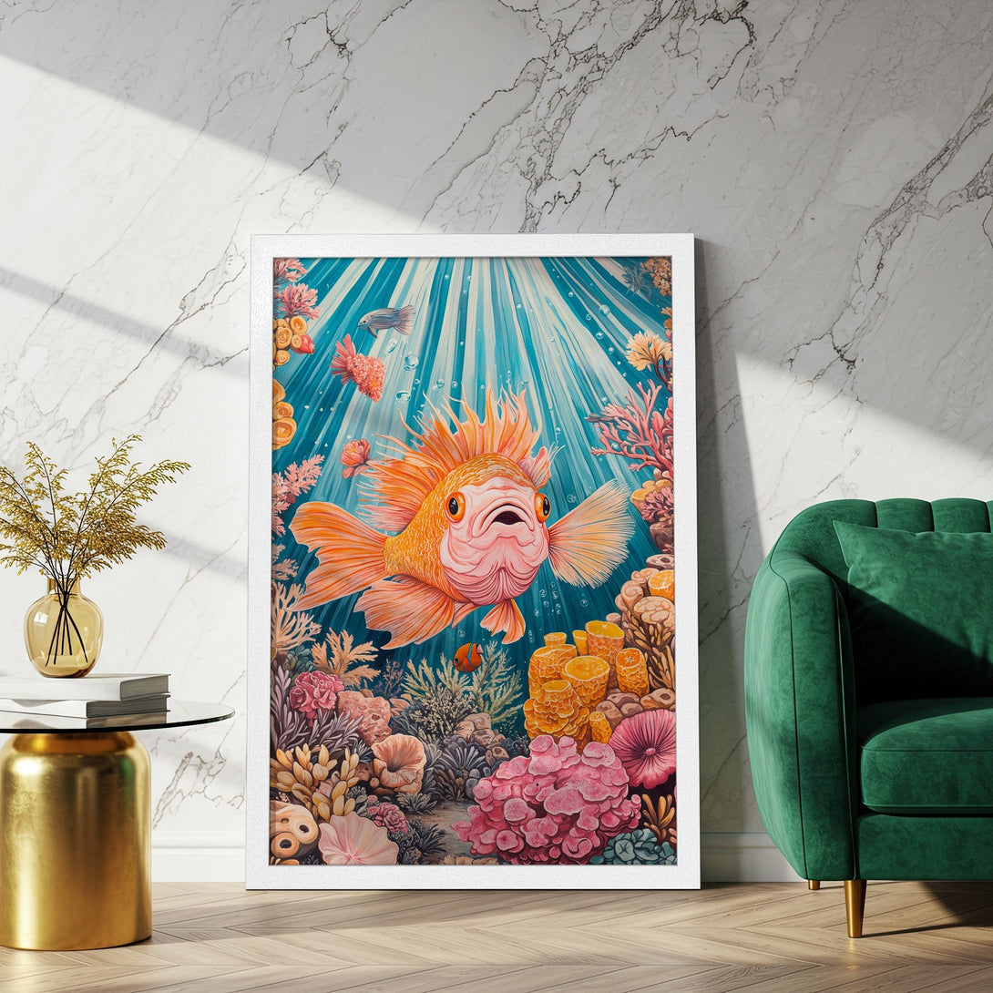 Framed Poster featuring a vibrant, whimsical underwater scene with a goldfish, in a watercolor style. Color palette: teal, coral, and orange.