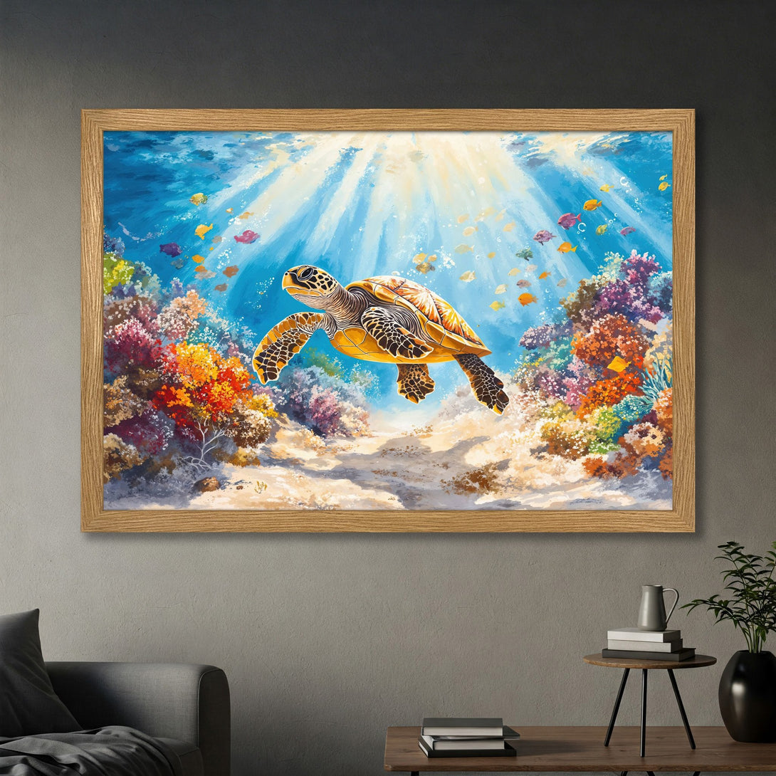Framed Poster featuring a vibrant underwater scene with a sea turtle. Colorful coral reef art in blue, yellow, orange, and red hues. Bring the ocean to your home!
