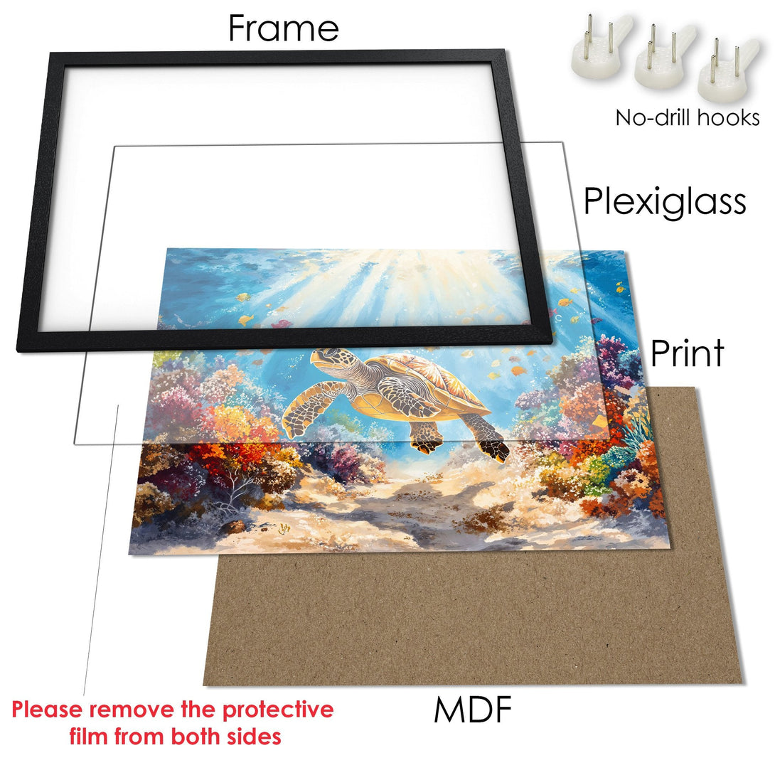 Framed Poster featuring a sea turtle, vibrant colors, and an artistic style. Perfect for adding a touch of nature to your home!