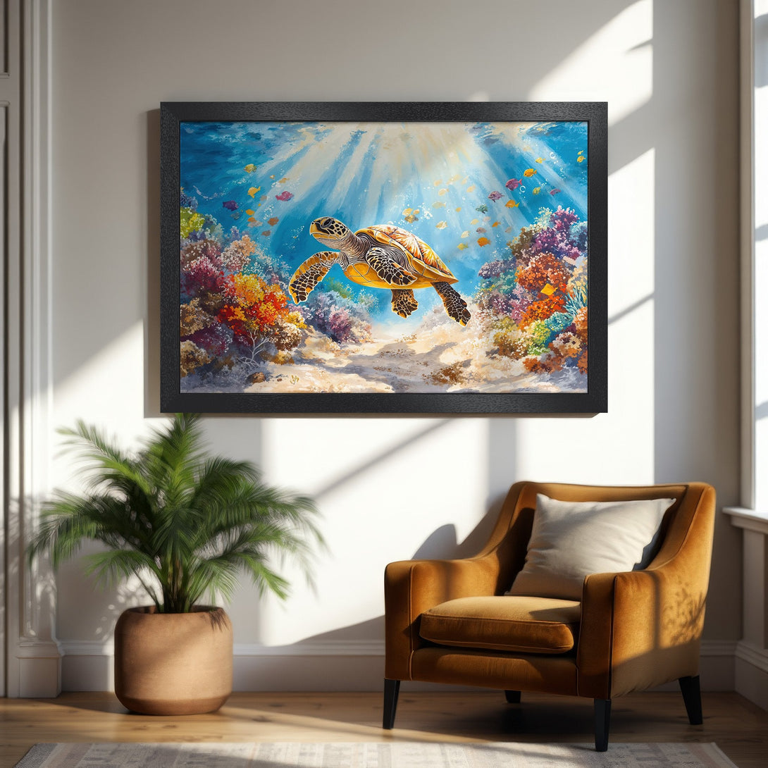 Framed Poster featuring a vibrant underwater scene with a sea turtle. Artistic style, colorful palette of blues, greens, and yellows. Perfect wall art!